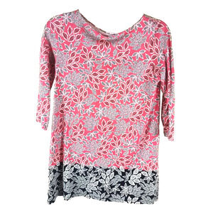 J Jill Women's Tunic T Shirt Size X Small Quarter Sleeve Orange Black Leaves